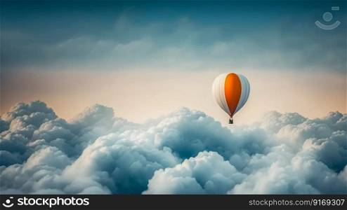 hot air balloon in the sunset evening sky and pure cloud copy space Generative AI.