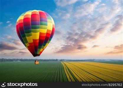hot air balloon on the background of a green field and sun cloudy sky copy space Generative AI.