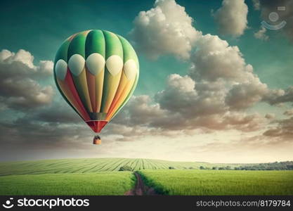 hot air balloon on the background of a green field and sunny landscape copy space Generative AI.