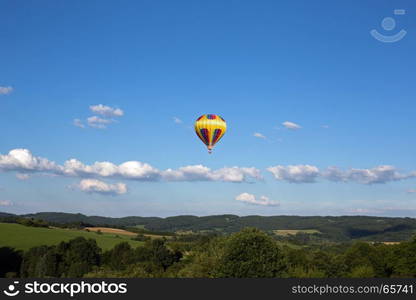 Hot air balloon, photographed against the blue cloudless sky