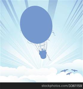 Hot air balloon silhouette on clouds background