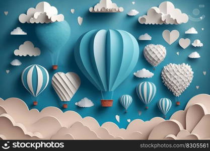Hot air balloon, space elements shapes cut from paper. Creative concept for banner, landing, background designs. Neural network AI generated art. Hot air balloon, space elements shapes cut from paper. Creative concept for banner, landing, background designs. Neural network AI generated