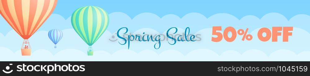 Hot air balloon travel sale vector illustration White clouds on spring blue sky with big sign Spring Sale, colorful striped hot air balloon with couple for sale discount offer. Clipping mask applied.. Hot air balloon travel sale discount banner promo