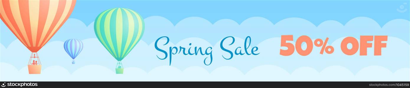 Hot air balloon travel sale vector illustration White clouds on spring blue sky with big sign Spring Sale, colorful striped hot air balloon with couple for sale discount offer. Clipping mask applied.. Hot air balloon travel sale discount banner promo