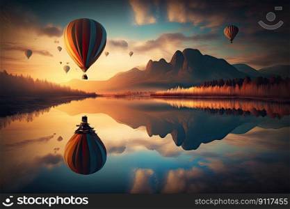 Hot Air Balloons Festival Flying Over a lake. Generative AI