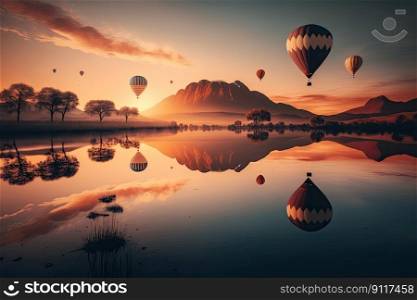 Hot Air Balloons Festival Flying Over a lake. Generative AI