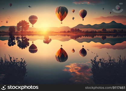 Hot Air Balloons Festival Flying Over a lake. Generative AI