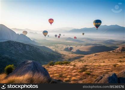 Hot air balloons floating up to the sky. AI Generated