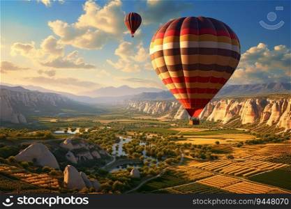 Hot Air Balloons Flying Over Rocky Cliff with Beautiful Nature Landscape at Bright Day