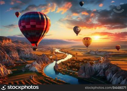 Hot Air Balloons Flying Over Rocky Cliff with River Nature View in Cappadocia Turkey at Sunset