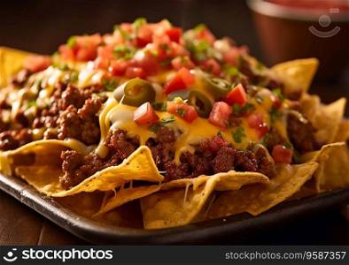 Hot and spicy nachos with beef,pepper,cheese and sauces.AI Generative
