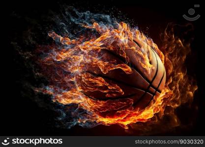 Hot basketball in fires flame symbol on the black background , Generative Ai
