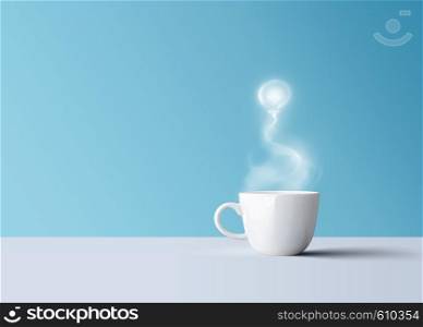 hot black coffee in white coffee mug with aroma smoke light bulb