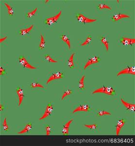 Hot Cartoon Red Peppers Seamless Pattern on Green Background. Hot Cartoon Red Peppers Seamless Pattern