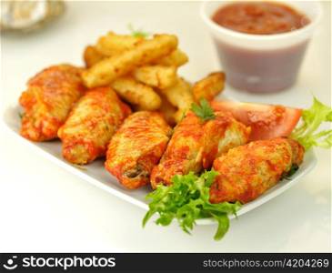 hot chicken wings with fried potatoes
