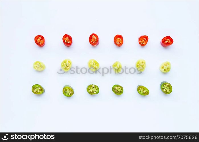 Hot chili pepper on white background. Top view