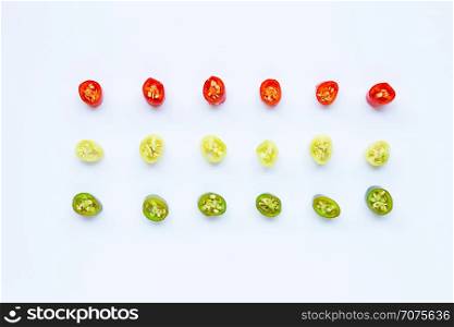 Hot chili pepper on white background. Top view