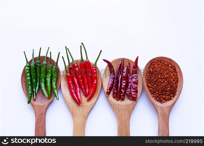 Hot chili pepper on wooden spoon on white background.