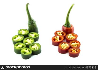 hot chili pepper. red and green hot chili pepper slices on a white background