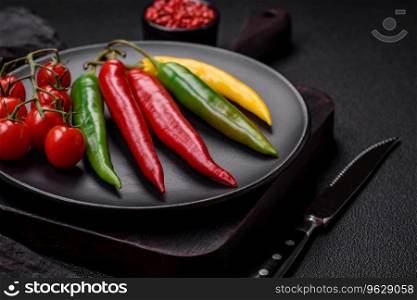 Hot chili peppers of three different colors red, green and yellow as an ingredient for making hot sauce