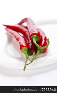 hot chili peppers on white plate with copyspace