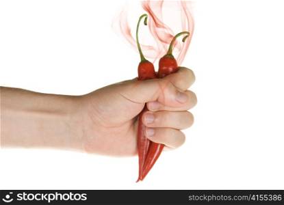 Hot chilli peppers in hand isolated on a white
