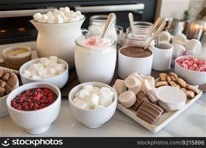 hot chocolate and cocoa bar with a variety of toppings, including marshmallows, sprinkles, and cinnamon, created with generative ai. hot chocolate and cocoa bar with a variety of toppings, including marshmallows, sprinkles, and cinnamon