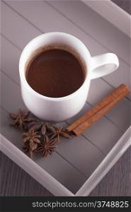 Hot chocolate cup with cinnamon and star anise