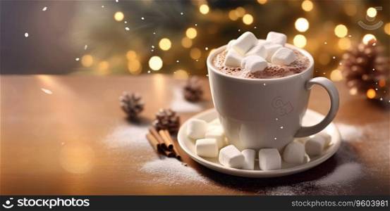 Hot chocolate drink and marshmallows on table with christmas bokeh.AI Generative