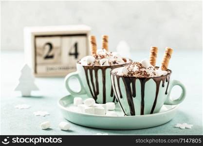 Hot chocolate festive dessert with whipped cream or ice cream