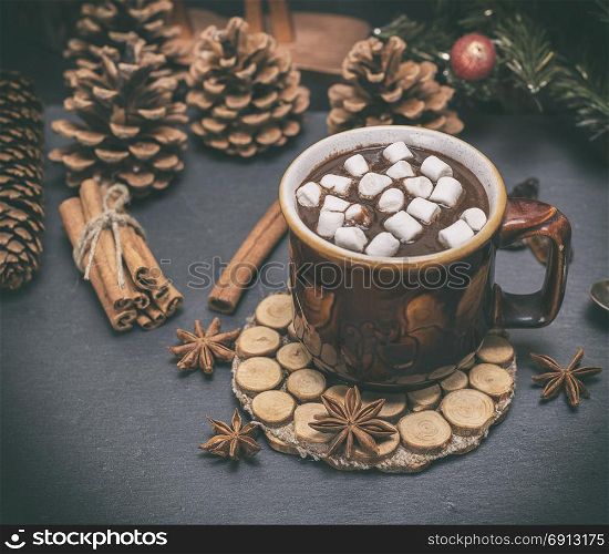 hot chocolate in a brown mug, top view
