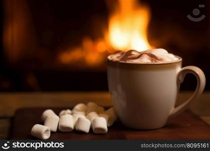 Hot chocolate near fireplace. Warm drink. Generate Ai. Hot chocolate near fireplace. Generate Ai