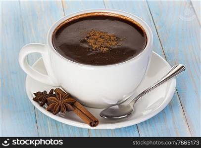Hot chocolate on wooden table