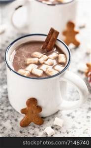 Hot chocolate or cocoa drink with milk and marshmallows.