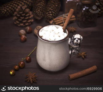 hot chocolate with white marshmallow, vintage toning