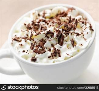 Hot cocoa with shaved chocolate and whipped cream