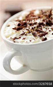Hot cocoa with shaved chocolate and whipped cream