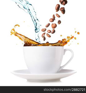 hot coffee is splashing in cup. water and beans are blending