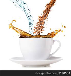 hot coffee is splashing in cup. water and beans are blending