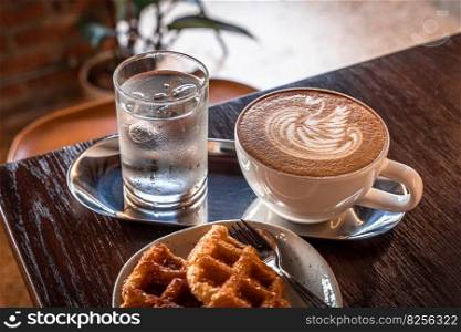 Hot coffee latte with latte art milk foam in a swan shape in cup mug and Homemade Belgian Waffles with honey on wood desk on top view. As breakfast In a coffee shop at the cafe,during business work.