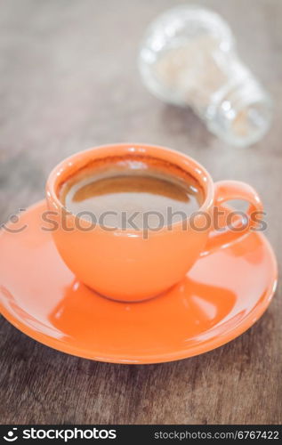 Hot coffee on wooden table, stock photo