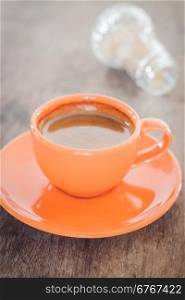 Hot coffee on wooden table, stock photo