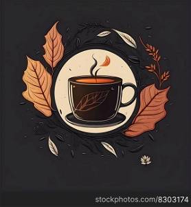 Hot coffee or tea cup minimalistic square flat illustration icon on dark color background. AI Generative content