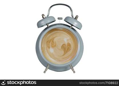 Hot coffee with frothy foam in blue alarmclock design is Coffee Time Concept