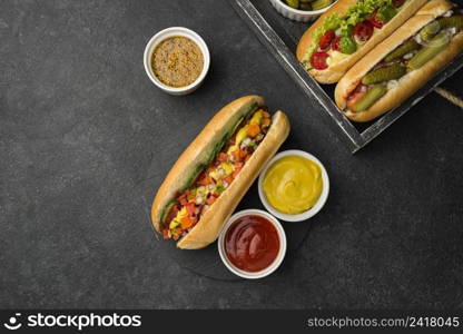 hot dogs arrangement box flat lay