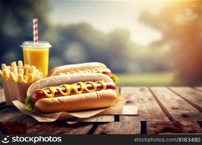 Hot dogs on wooden table in public park. Weekend picnic concept. Generative Ai image. Hot dogs on wooden table in public park. Weekend picnic concept