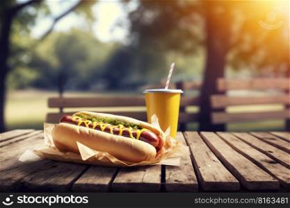 Hot dogs on wooden table in public park. Weekend picnic concept. Generative Ai image. Hot dogs on wooden table in public park. Weekend picnic concept