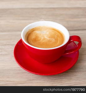 Hot espresso coffee on table, Red coffee cup in cafe or home.Top view with blank copy space for your text.