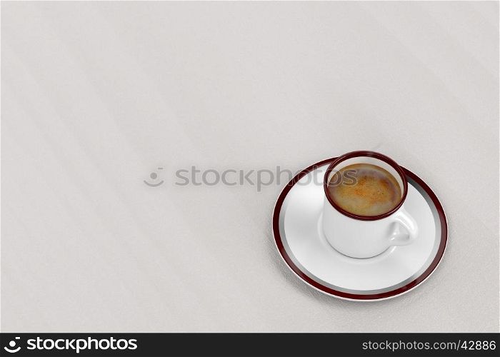 Hot espresso coffee on wooden table, top view