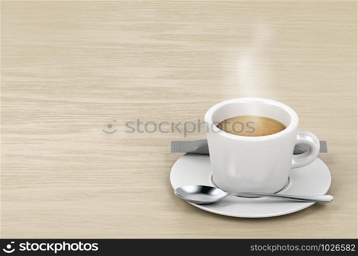 Hot espresso on the wooden table